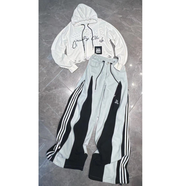 Zipper Color-Blocked Striped Design Loose-Fit Straight Pants with AB Side