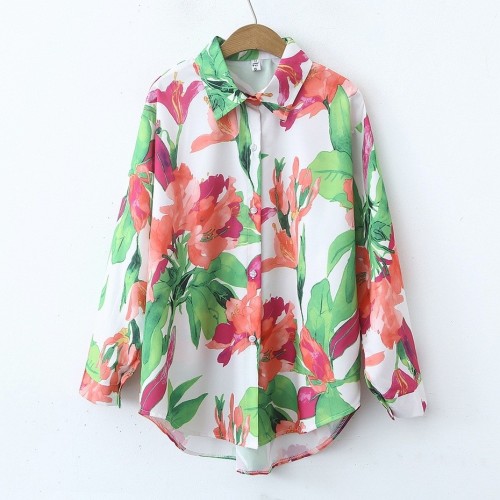 Floral Print Loose-Fit Long Sleeve Shirt with Turn-Down Collar