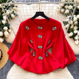 Embellished Round Neck Lantern Sleeve Waist-Cinched Jacket