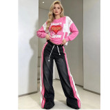New Autumn Denim Patchwork Loose-Fit Long Sleeve Letter Print Straight Pants