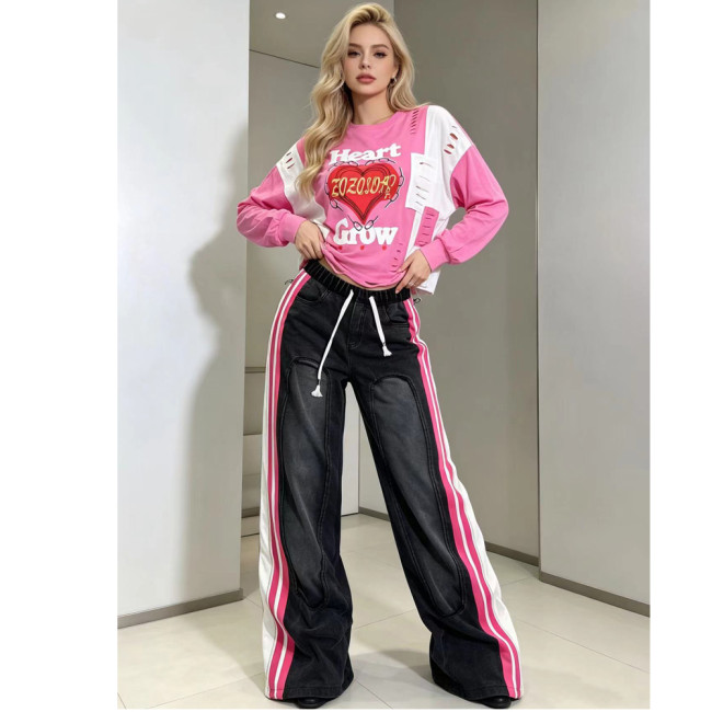 New Autumn Denim Patchwork Loose-Fit Long Sleeve Letter Print Straight Pants