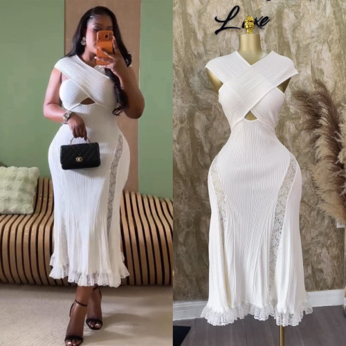 Lace Panel A-Line Knitted Sleeveless Dress
