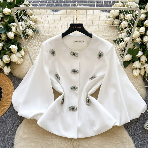 Embellished Round Neck Lantern Sleeve Waist-Cinched Jacket