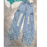 Distressed Fleece Fashion Design Color-Blocked Straight Pants with Striped Edges Set