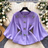 Embellished Round Neck Lantern Sleeve Waist-Cinched Jacket