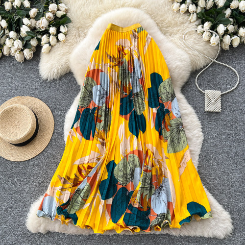 Fashionable Floral Pleated Skirt with Elastic Waistband