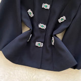 Embellished Round Neck Lantern Sleeve Waist-Cinched Jacket
