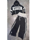 Letter Patchwork Color-Blocked Straight Pants with Drawstring Long Sleeve Top