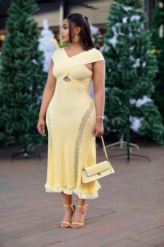 Lace Panel A-Line Knitted Sleeveless Dress