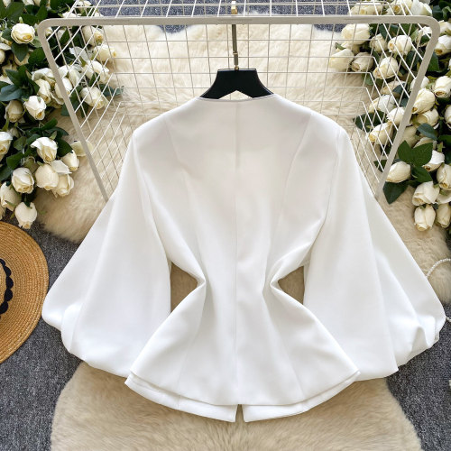 Embellished Round Neck Lantern Sleeve Waist-Cinched Jacket