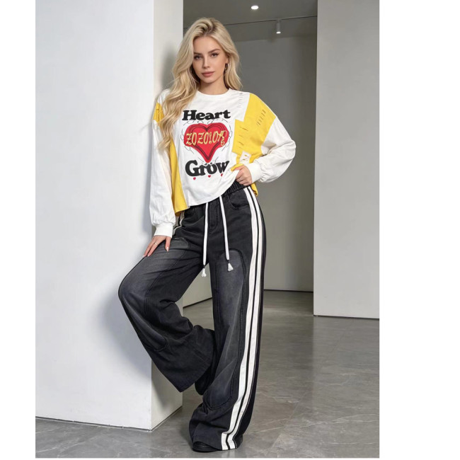 New Autumn Denim Patchwork Loose-Fit Long Sleeve Letter Print Straight Pants