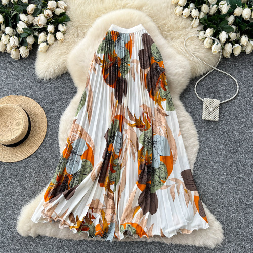 Fashionable Floral Pleated Skirt with Elastic Waistband