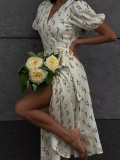 Cotton Printed Tie-Strap Puff Sleeve Maxi Dress