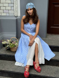 Blue Plaid Two-Piece Button-Down Splicing Cami Dress