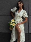 Cotton Printed Tie-Strap Puff Sleeve Maxi Dress