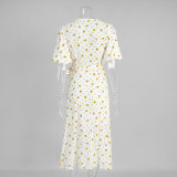 Cotton Printed Tie-Strap Puff Sleeve Maxi Dress