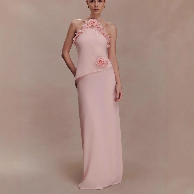 Stylish 3D Floral Ruffled Chiffon Maxi Dress