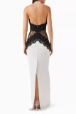 Trendy Halter Neck Lace-Trimmed Backless Long Dress