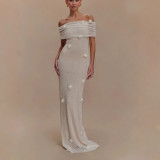 Chic Off-Shoulder Floral Design Fitted Strapless Maxi Dress