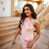 Stylish 3D Floral Ruffled Chiffon Maxi Dress