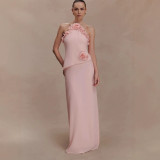 Stylish 3D Floral Ruffled Chiffon Maxi Dress