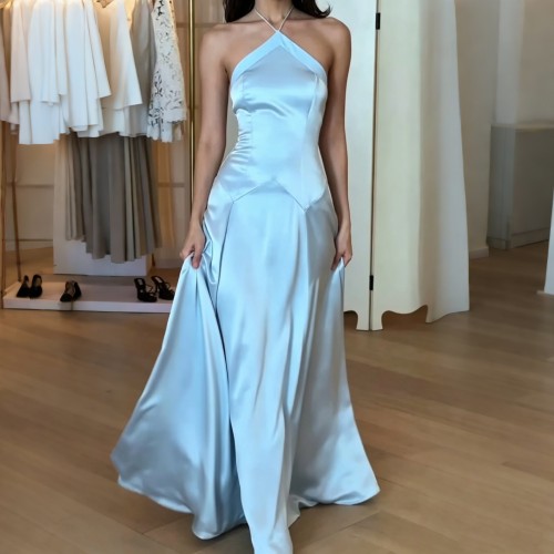 Sensual Satin Strap Dress with Backless Design for a Vacation Vibe