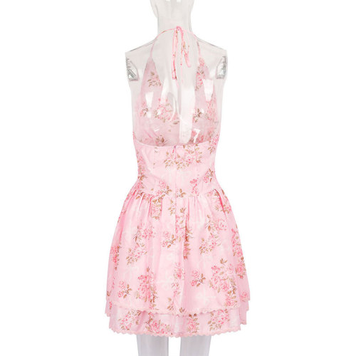 Sweet & Sexy Fitted V-Neck Printed Halter A-Line Dress