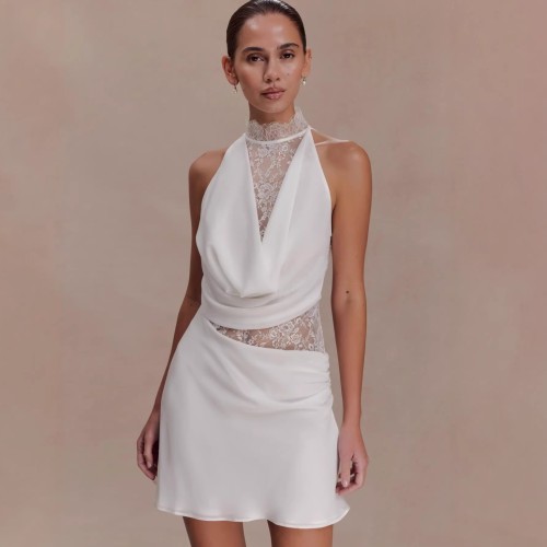 Chic Lace-Trimmed Halter Neck Bodycon Mini Dress