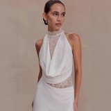 Chic Lace-Trimmed Halter Neck Bodycon Mini Dress