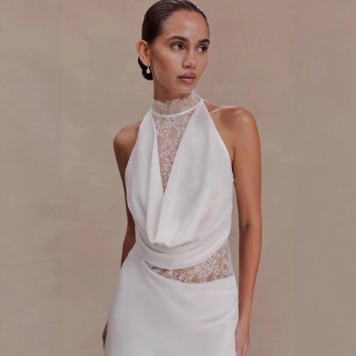 Chic Lace-Trimmed Halter Neck Bodycon Mini Dress