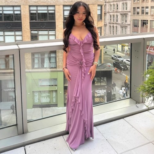 Ruffled Floral Appliqué Strap Dress