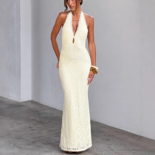 Sensual Lace Bodycon Dress with Halter Neck and Tie Detail