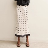 Trendy Lace-Trimmed Polka Dot High-Waisted Midi Skirt