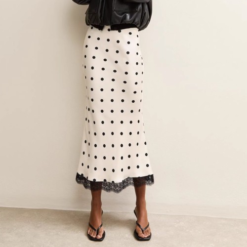 Trendy Lace-Trimmed Polka Dot High-Waisted Midi Skirt
