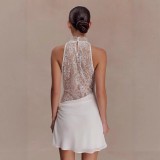 Chic Lace-Trimmed Halter Neck Bodycon Mini Dress