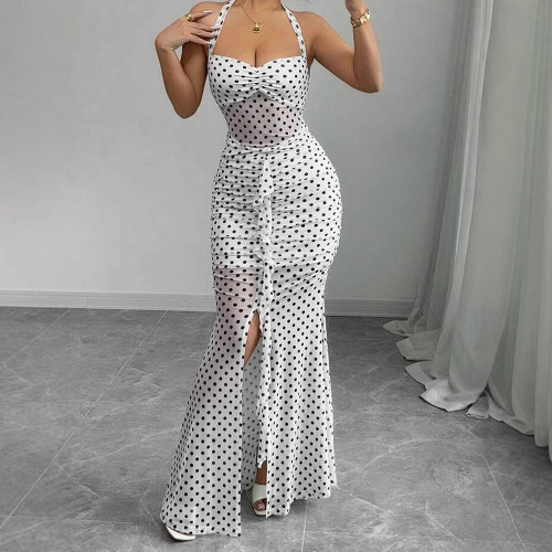 Chic Halter Neck Square Collar Polka Dot Print Dress