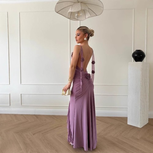 Ruffled Floral Appliqué Strap Dress