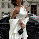 Satin Shoulder Strap Ruffle Hem Bodycon Mini Dress