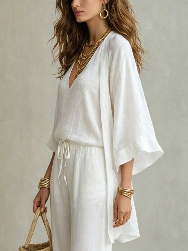 Elegant V-Neck Side Slit Pleated Waist Dress with Waist Ornament