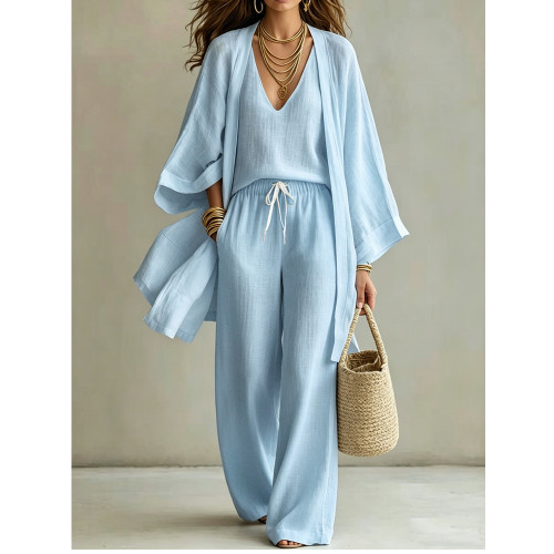 Elegant V-Neck Side Slit Pleated Waist Dress with Waist Ornament