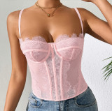 Sheer Straps Seductive Lace-Trimmed Fishbone Shaping Women's Bra Bodysuit