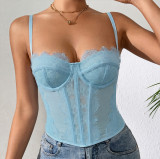 Sheer Straps Seductive Lace-Trimmed Fishbone Shaping Women's Bra Bodysuit