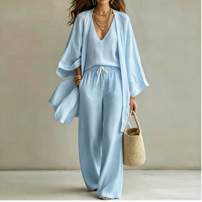 Loose comfortable casual solid color regular cotton three-piece set