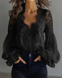 Lace Panel Puff Sleeve Pleated Shirt