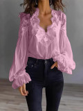 Lace Panel Puff Sleeve Pleated Shirt