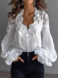 Lace Panel Puff Sleeve Pleated Shirt