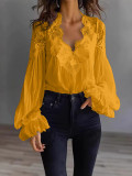 Lace Panel Puff Sleeve Pleated Shirt