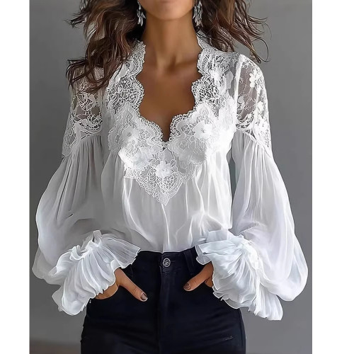 Lace Panel Puff Sleeve Pleated Shirt
