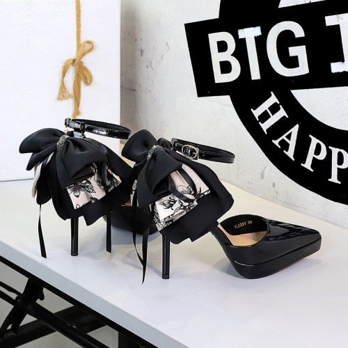 Patent Leather Pointed-Toe Buckle Strap Cutout Platform High Heels with Large Bow Ribbon