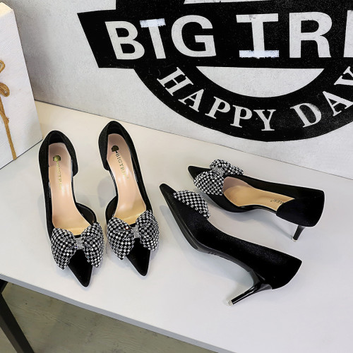 Rhinestone Bow Pointed-Toe Side Cutout Velvet Flats